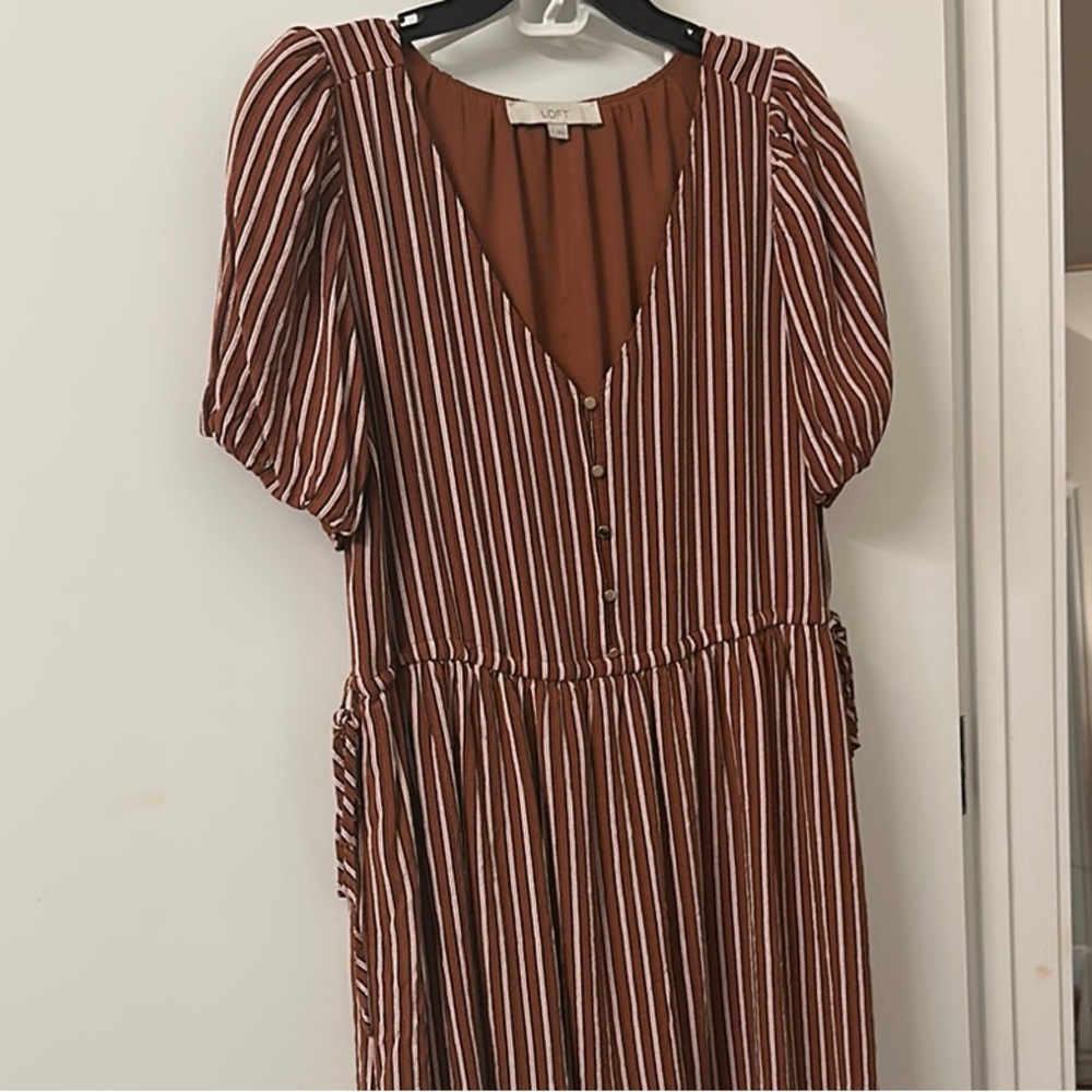 LOFT Brown and White Striped Mini Dress